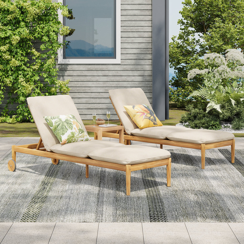 Riviera Outdoor Chaise Lounge with Wheels, Acacia Wood Frame - Natural (Set of 2)