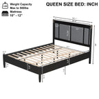 Solid Wood Queen Bed with 500 lbs Support and Fabric Headboard - Dark Grey