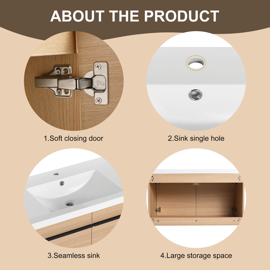 Bathroom Vanity Set with Resin Countertop Sink and 2 Doors - Light Brown Oak