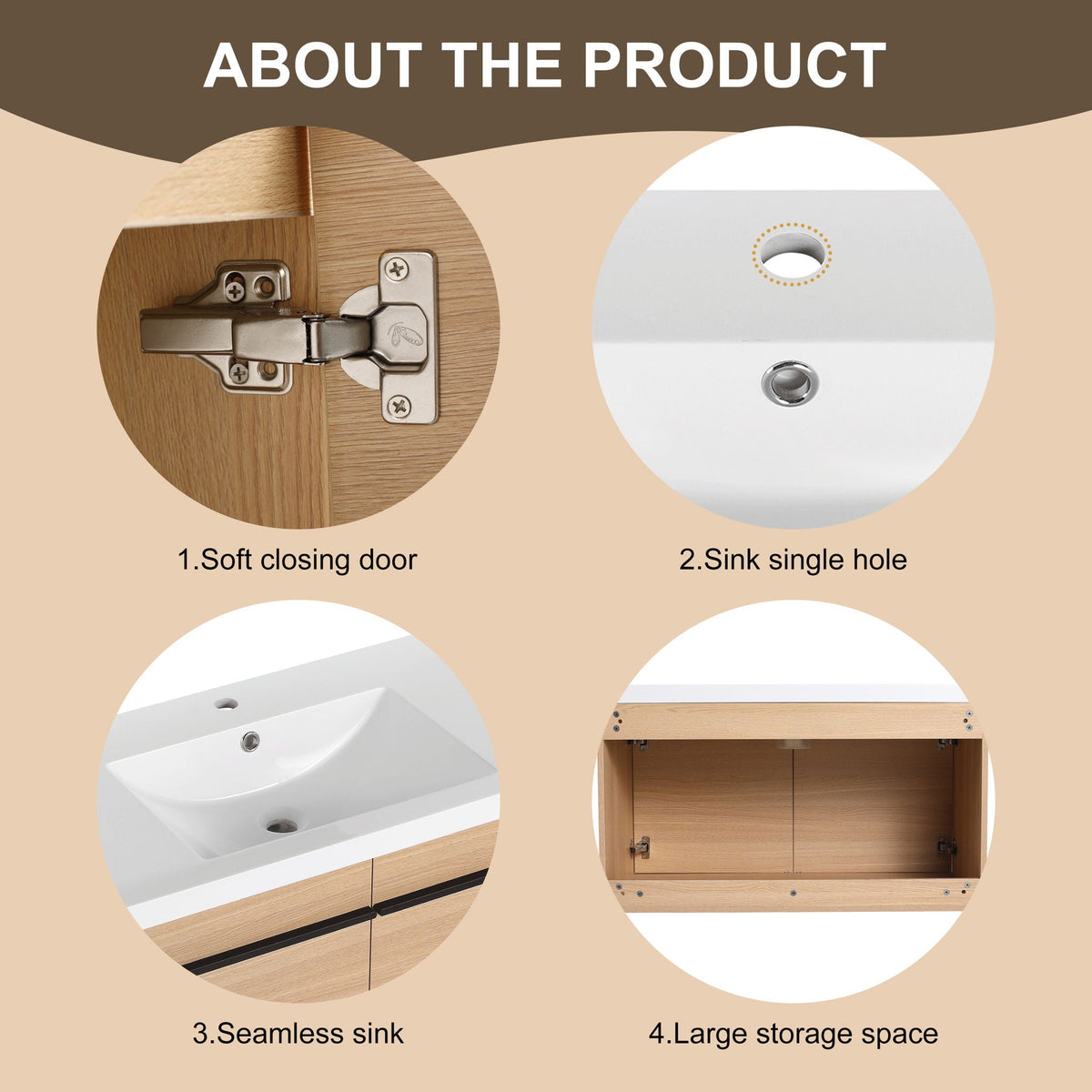 Bathroom Vanity Set with Resin Countertop Sink and 2 Doors - Light Brown Oak