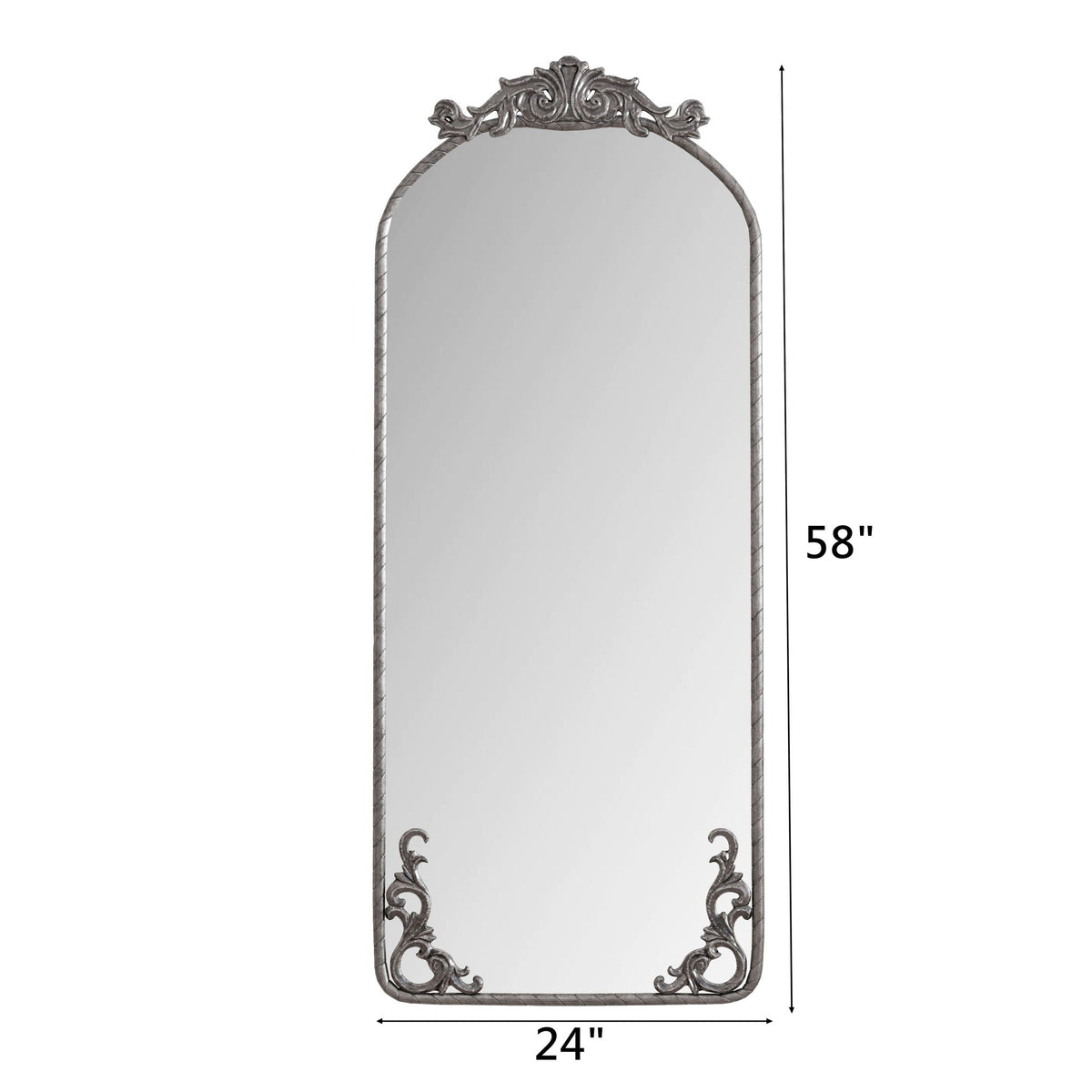 Full Body Arched Mirror with Vintage Carved Applique - Bronze or Pearl Silver