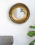Round Wall Mirror with Metal Frame and Layered Flower Design - Gold