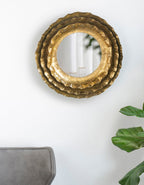 Round Wall Mirror with Metal Frame and Layered Flower Design - Gold