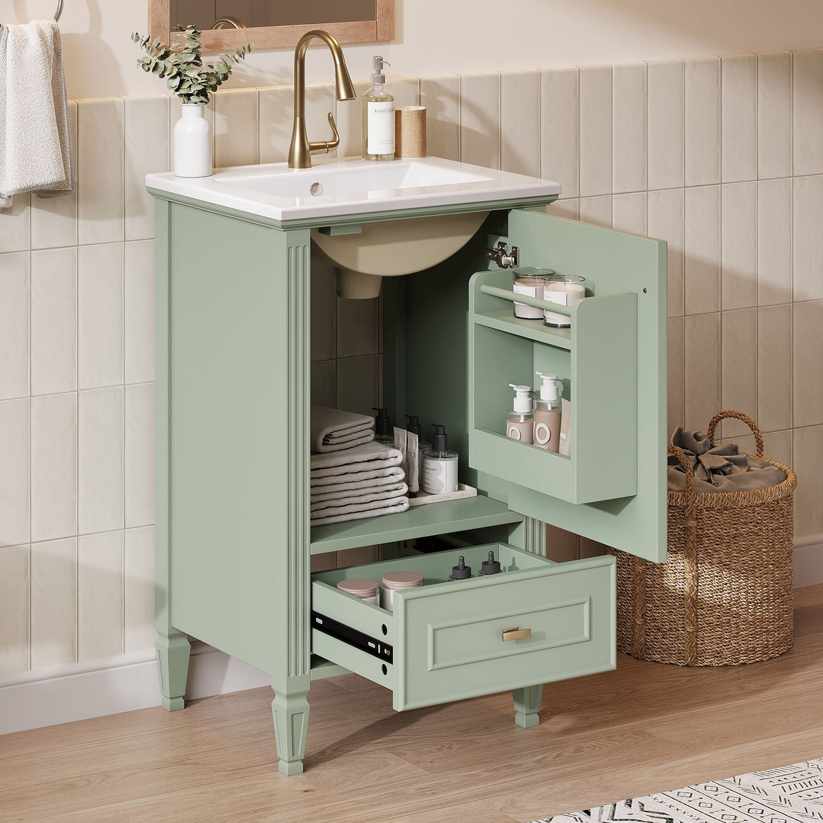 Retro Bathroom Vanity With Sink with Soft-Closing Doors - Green or Dark Gray