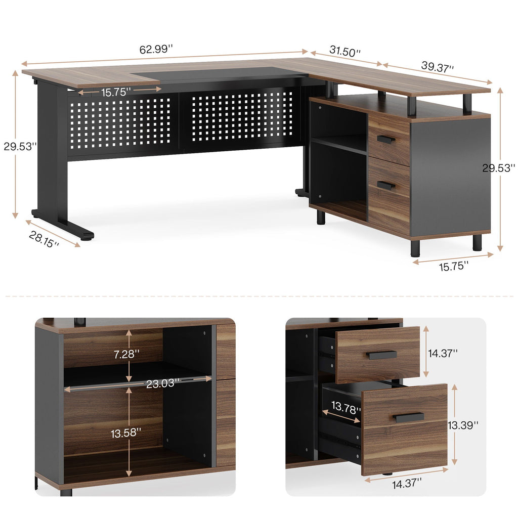 L-Shaped Executive Desk with File Cabinet and Storage Drawers - Light Brown or Dark Gray