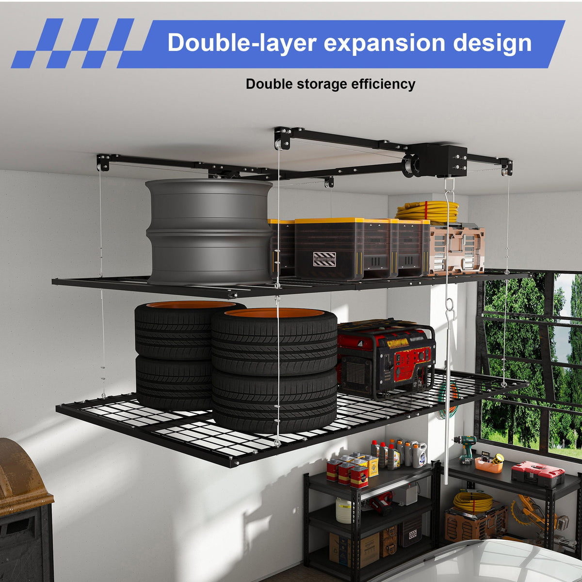 Overhead Garage Storage Rack with Crank System - Black or White
