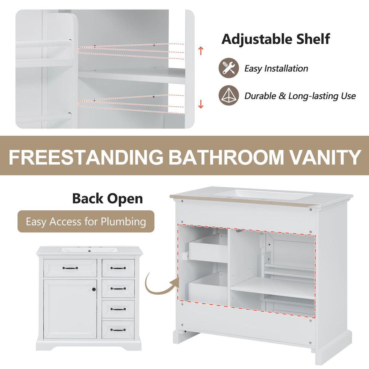 36" Bathroom Vanity with Sink and Soft Close Hinges - Dark Gray or White