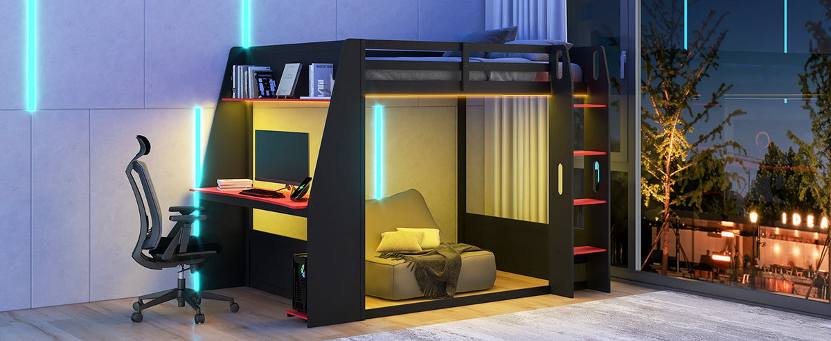 Full Size Wooden Gaming Bunk Bed with Desk and LED Light - Black/Red