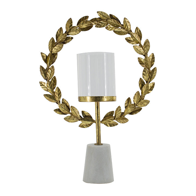 Iron Floral Hurricane Table Lamp with Marble Base - Gold & White