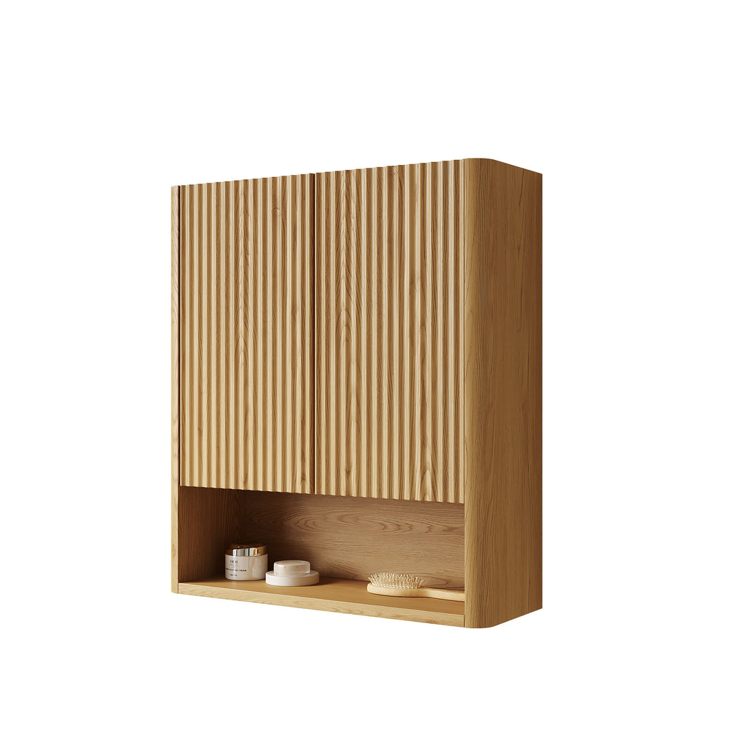 26" Wall-Mounted Bathroom Cabinet with Solid Wood Striped Doors - Natural Finish