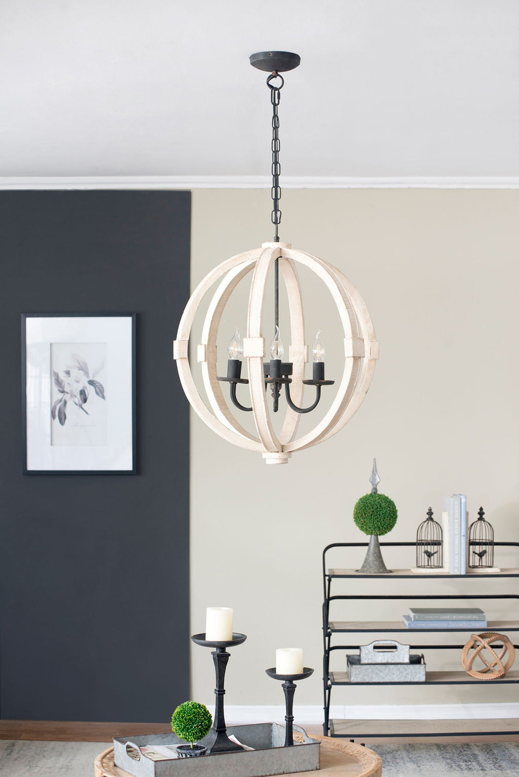 Hanging Light Fixture Chandelier with Adjustable Chain - Light Brown or White