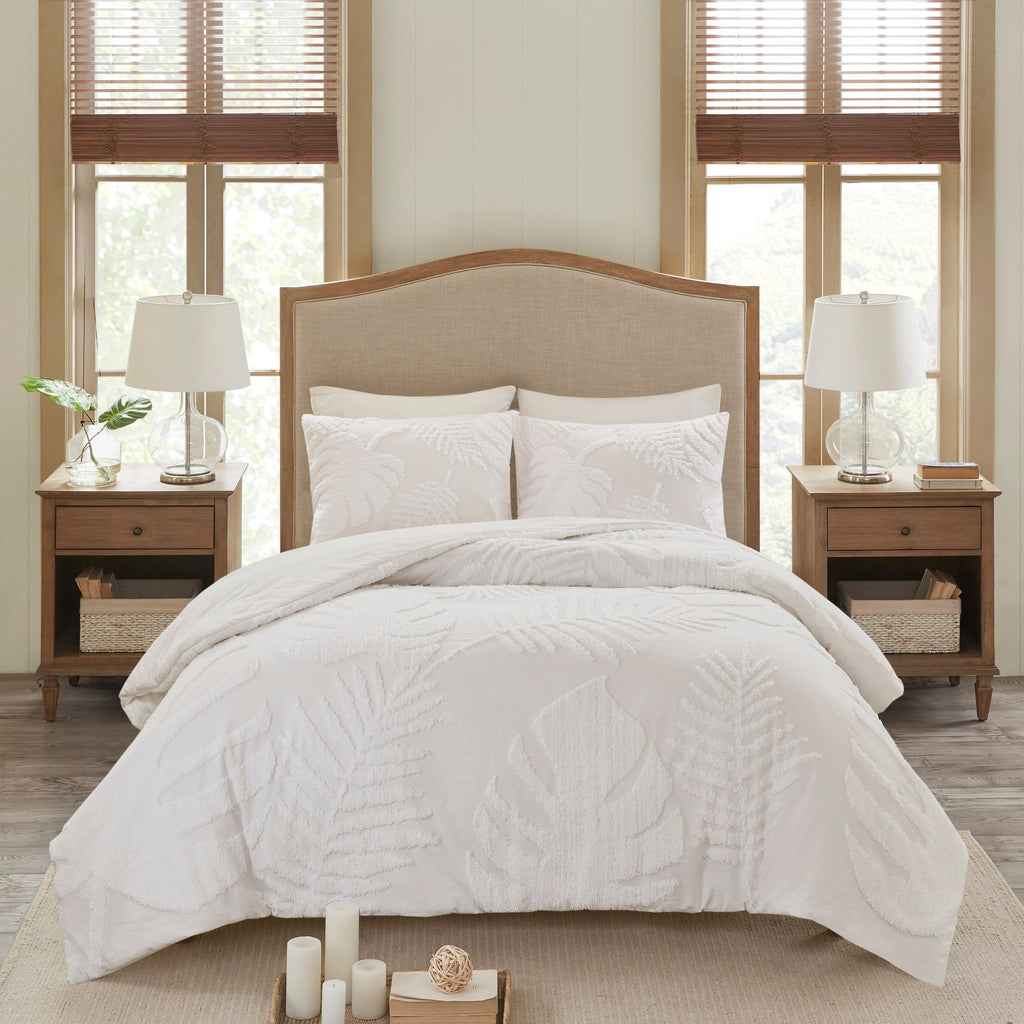 Off-White Tufted Cotton Chenille Palm Comforter Set with Palm Leaf Design - Full/Queen
