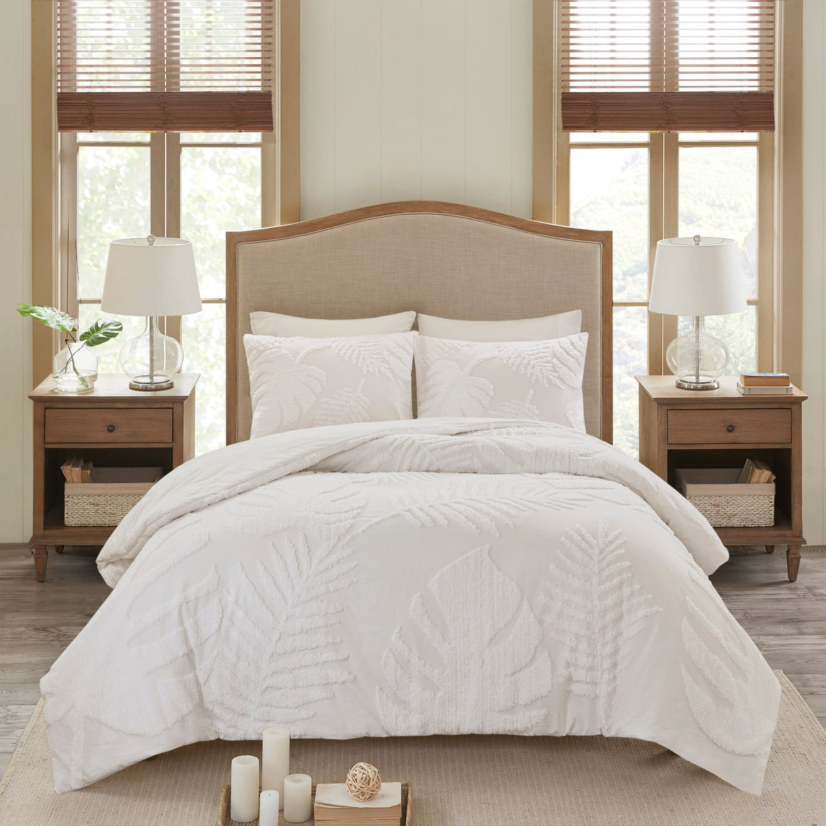 Off-White Tufted Cotton Chenille Palm Comforter Set with Palm Leaf Design - Full/Queen