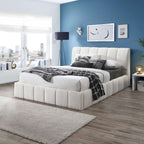 White Upholstered Platform Bed with Hydraulic Storage