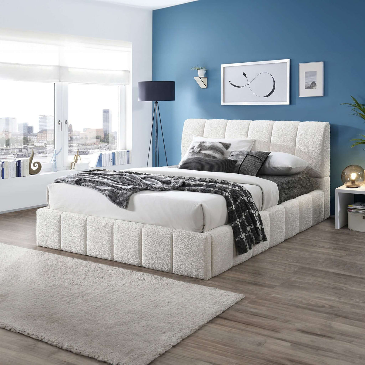White Upholstered Platform Bed with Hydraulic Storage