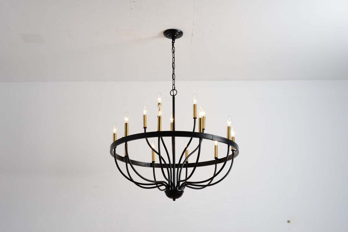 18-Light Industrial Iron Candle Chandelier with Adjustable Height - Gold & Black