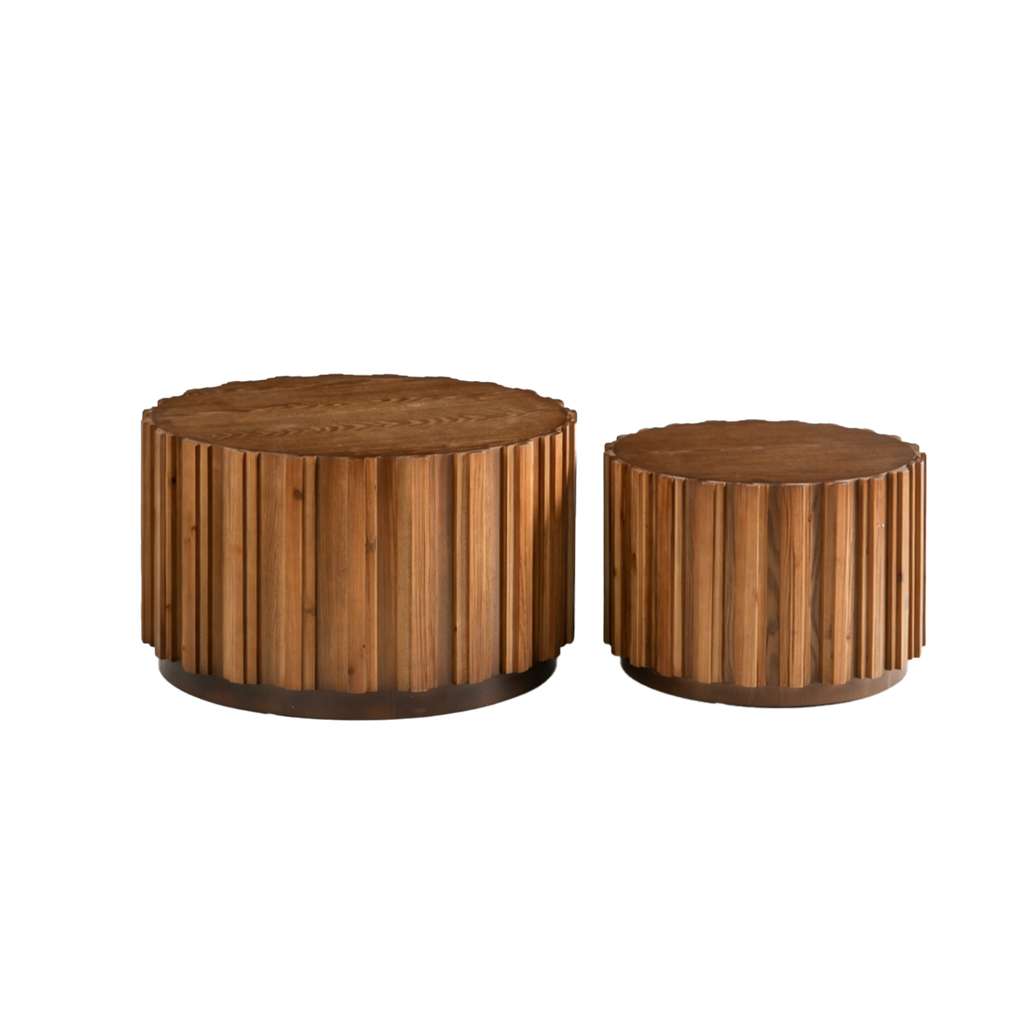 Round Nesting Coffee Table Set of 2 with Vertical Slatted Design - Walnut Brown or Natural Wood