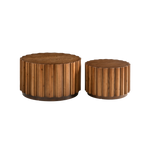 Round Nesting Coffee Table Set of 2 with Vertical Slatted Design - Walnut Brown or Natural Wood
