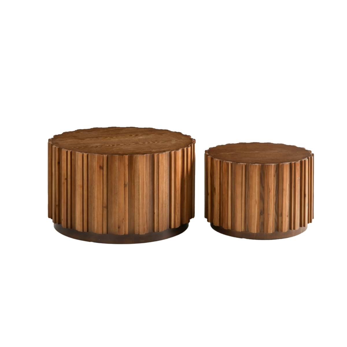 Round Nesting Coffee Table Set of 2 with Vertical Slatted Design - Walnut Brown or Natural Wood
