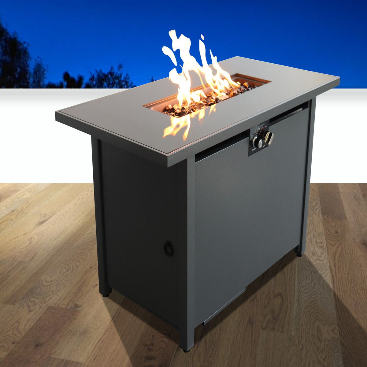Black Outdoor Fire Pit Table with Lid and Heat Resistant Smoked Glass Top