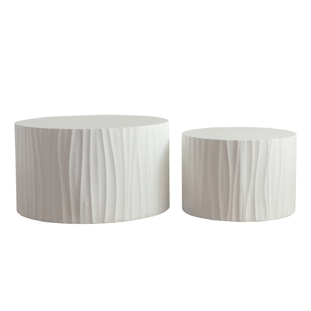 Nesting Coffee Table Set of 2 Round Wooden Tables with Handcrafted Relief - Wood Finish