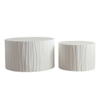 Nesting Coffee Table Set of 2 Round Wooden Tables with Handcrafted Relief - Wood Finish