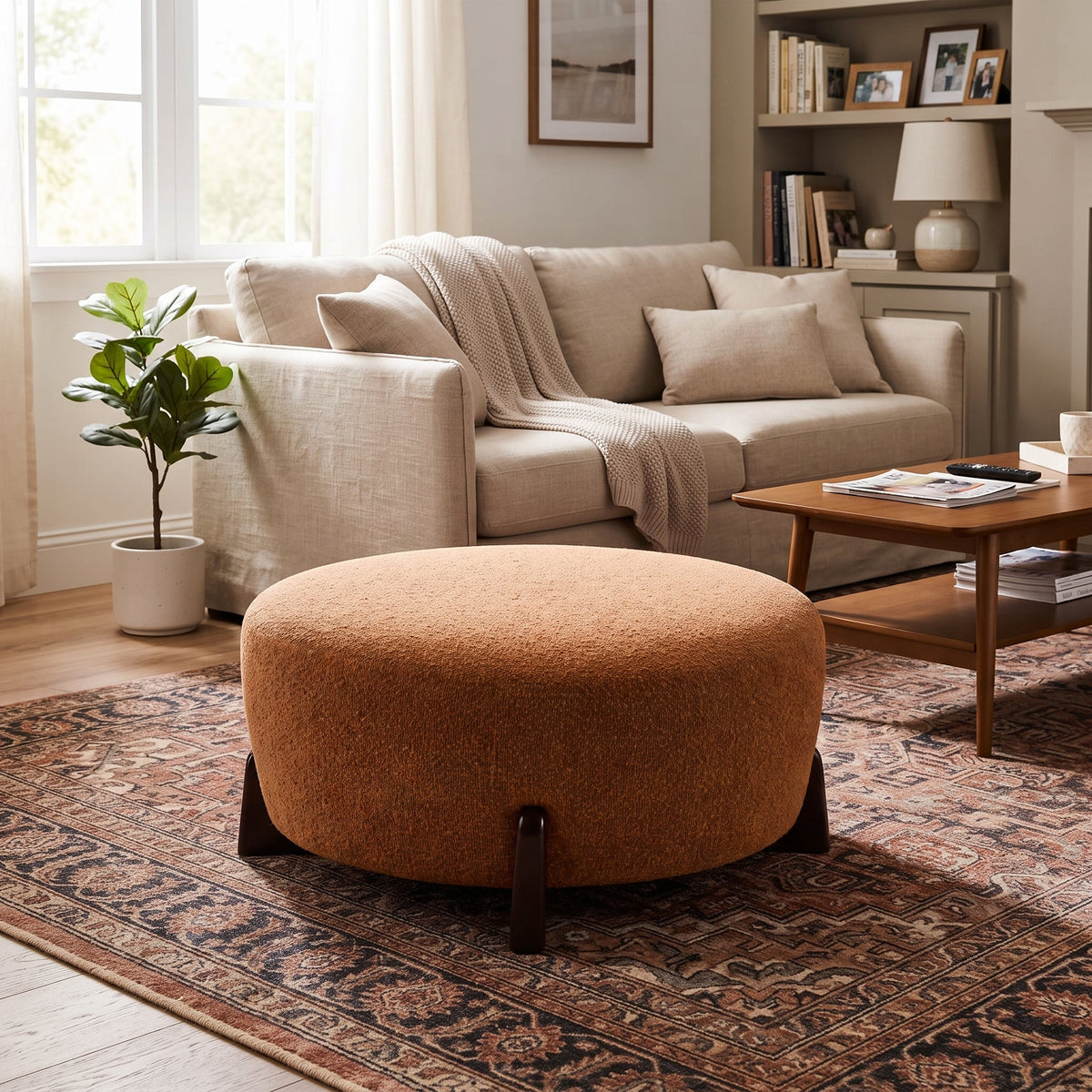 Boucle Round Ottoman with Splayed Rubber Wood Legs - Pumpkin