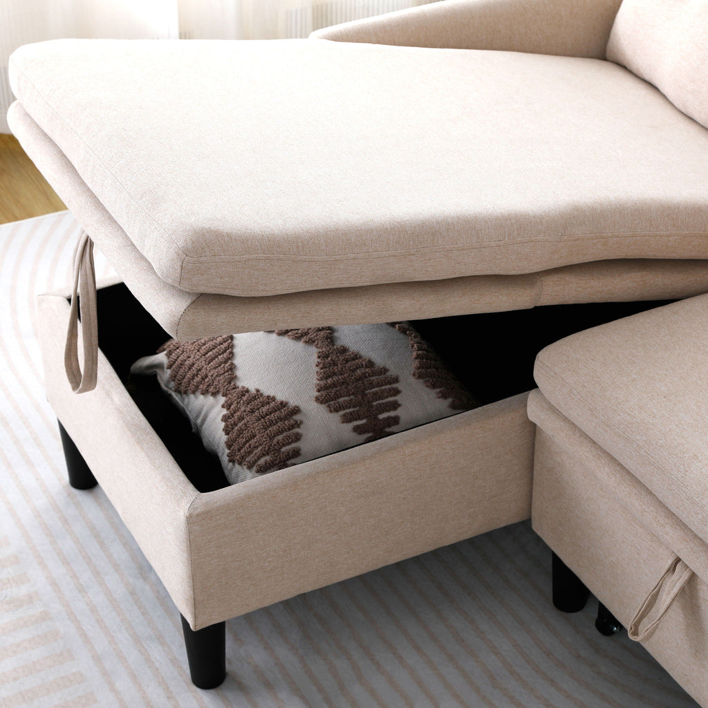 Reversible Chaise Sleeper Sectional Sofa with Storage - Cotton-Linen Upholstery