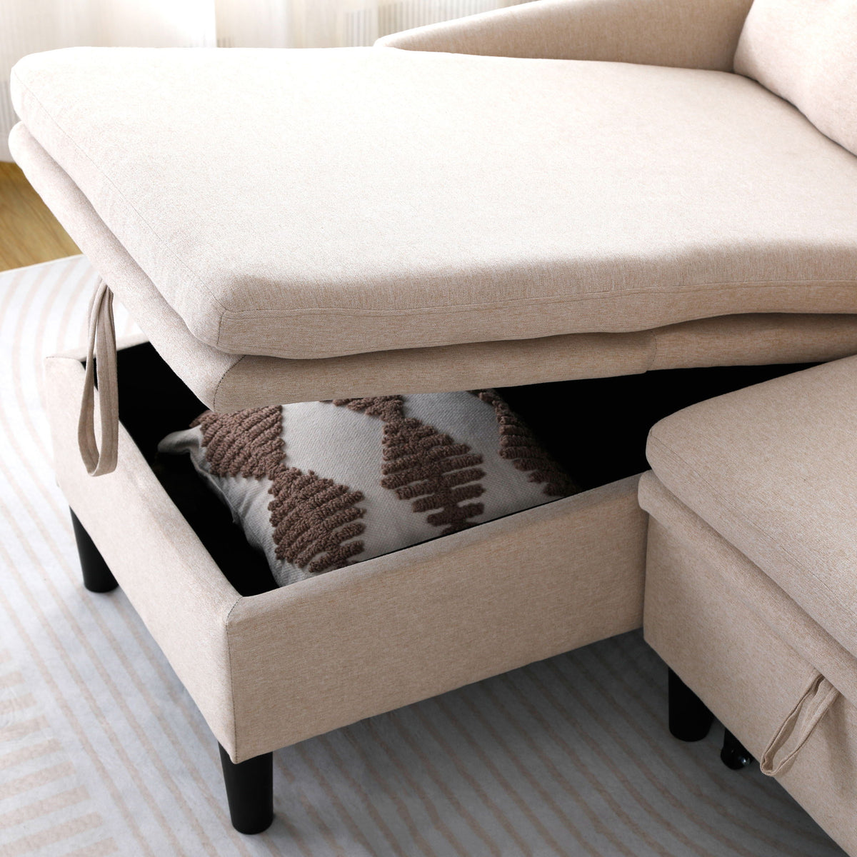 Reversible Chaise Sleeper Sectional Sofa with Storage - Cotton-Linen Upholstery
