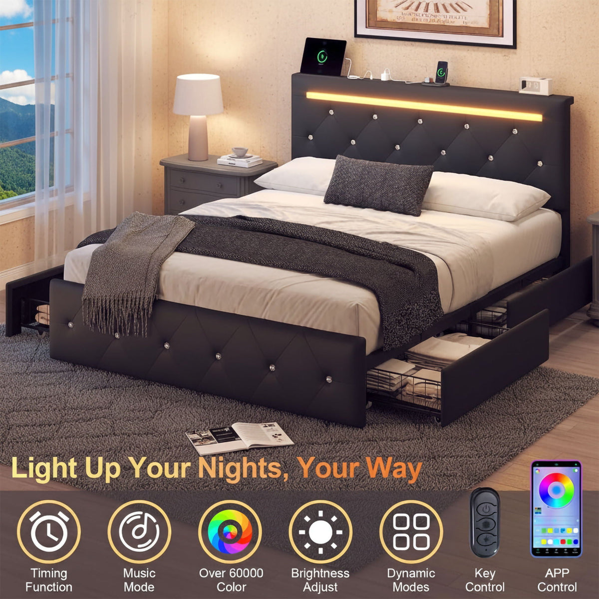 Upholstered Storage Bed Frame with LED Lights and Drawers – White or Black