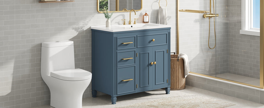 36" Bathroom Vanity with Ceramic Sink and Ample Storage - Blue Gray, Black, White