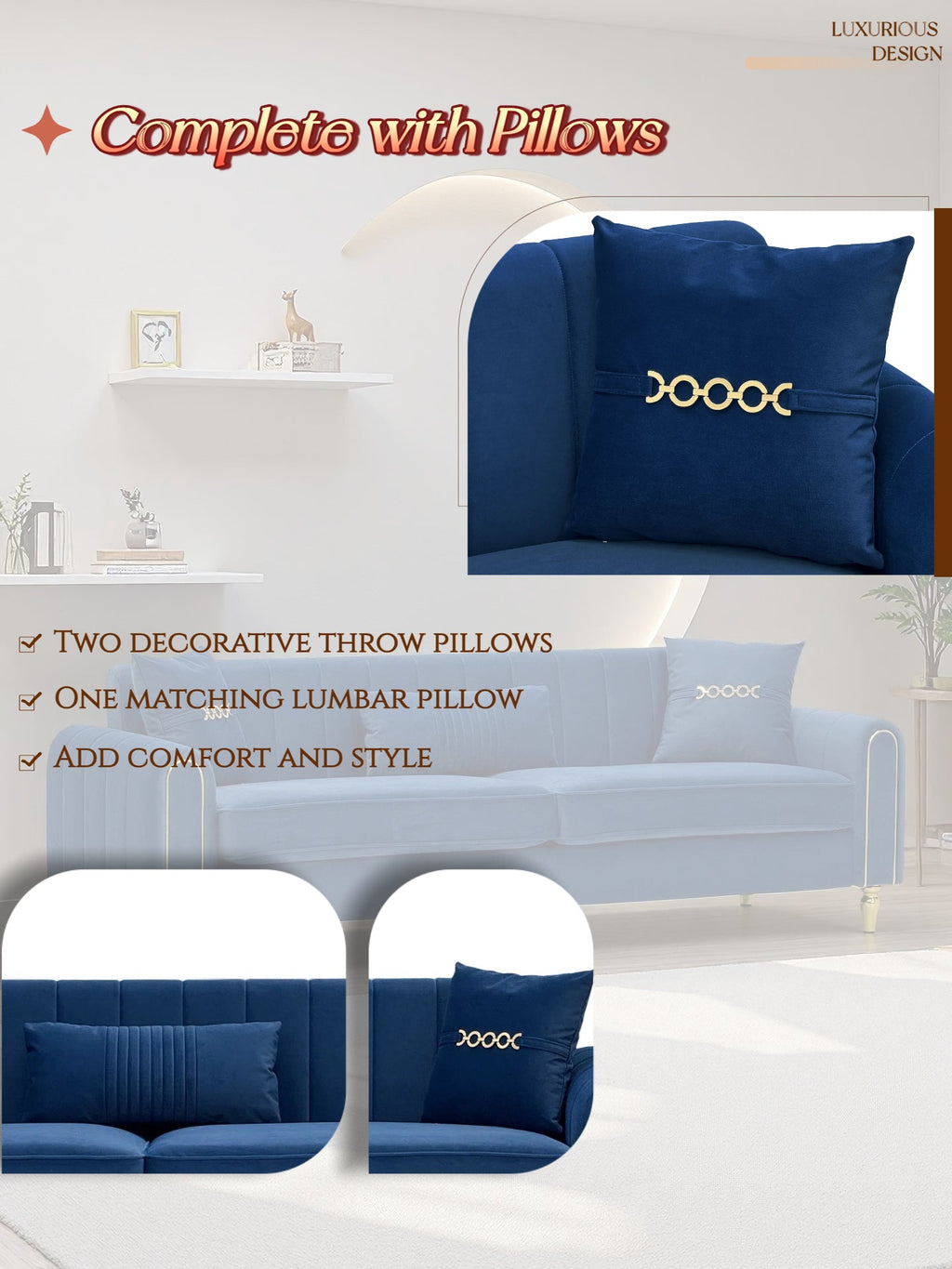 Upholstered 3-Seater Sofa with Metal Legs and Throw Pillows - 87.4 Inches