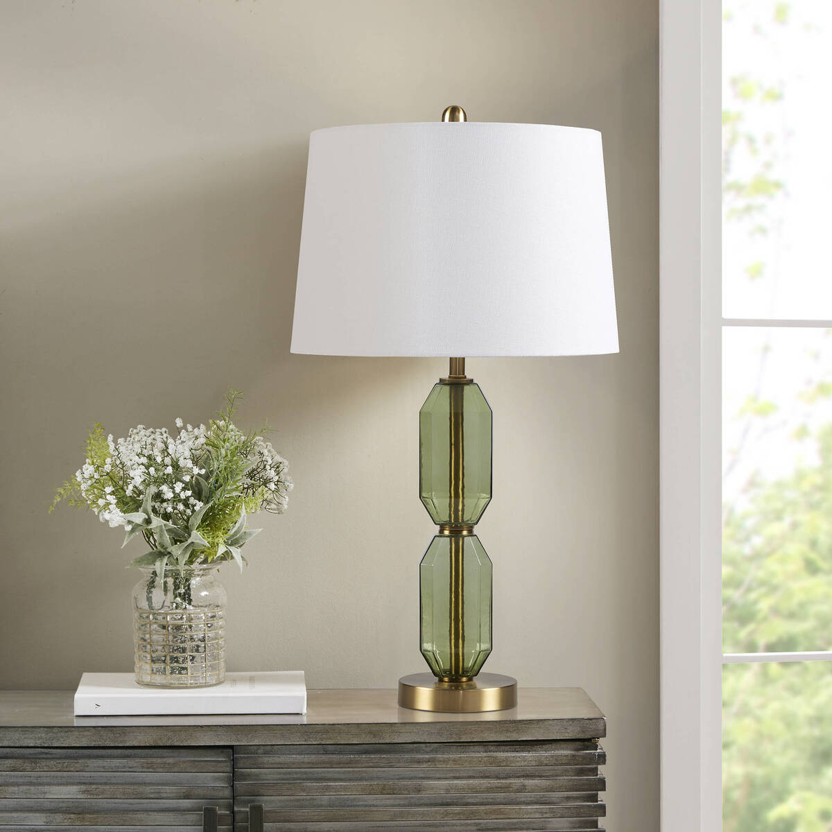 Faceted Green Glass Table Lamp with White Fabric Shade - Green