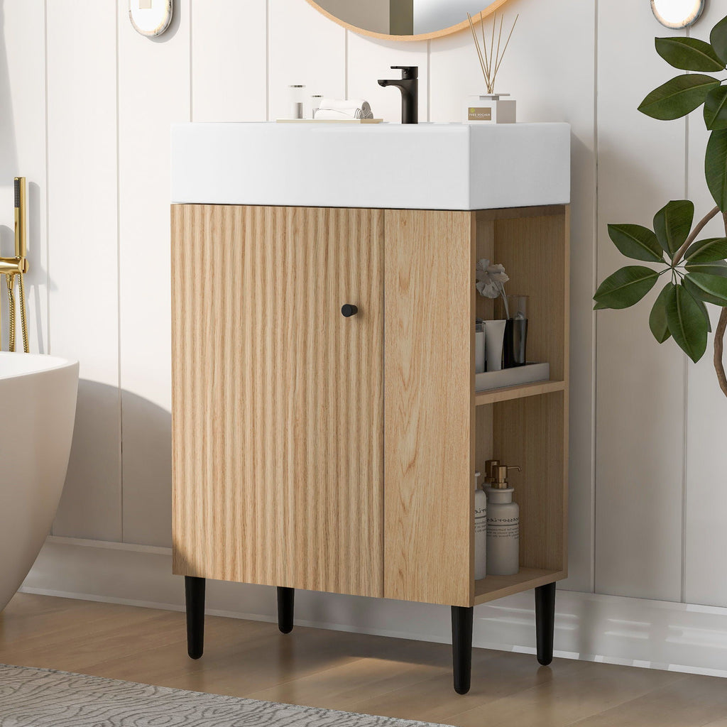 Bathroom Vanity with Single Ceramic Sink and Side Storage - Multiple Colors