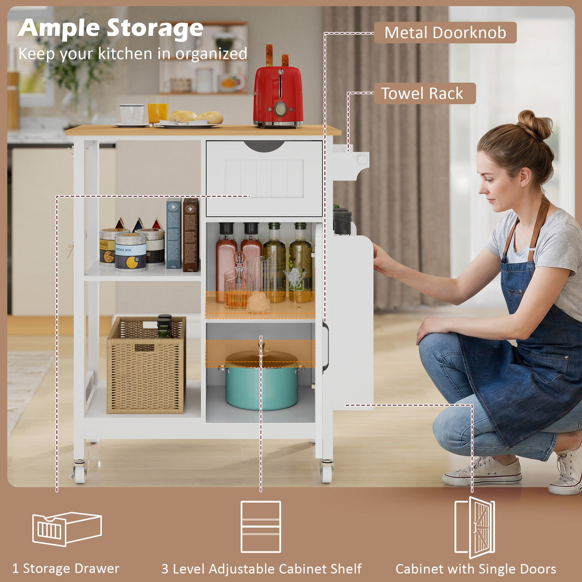 Kitchen Island Cart with Mobile Storage Cabinets - MDF & Metal