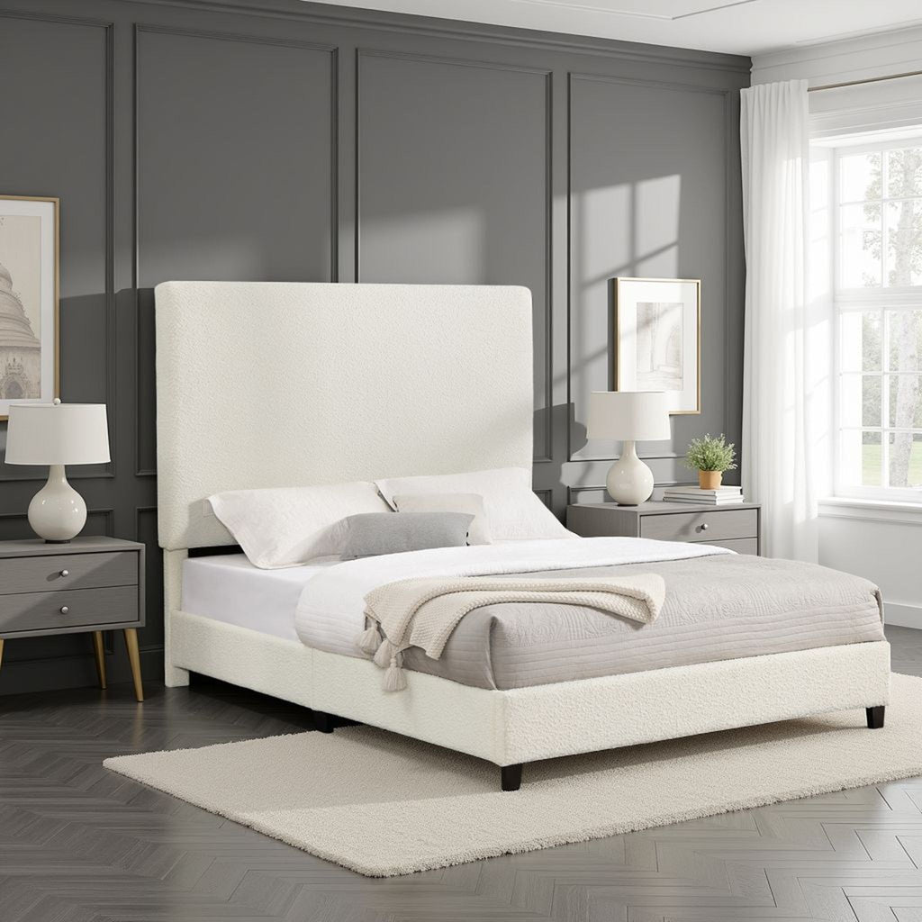 Queen Upholstered Headboard Platform Bed with Solid Wood Frame - White