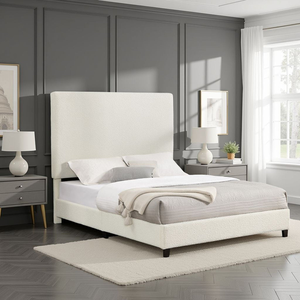 Queen Upholstered Headboard Platform Bed with Solid Wood Frame - White