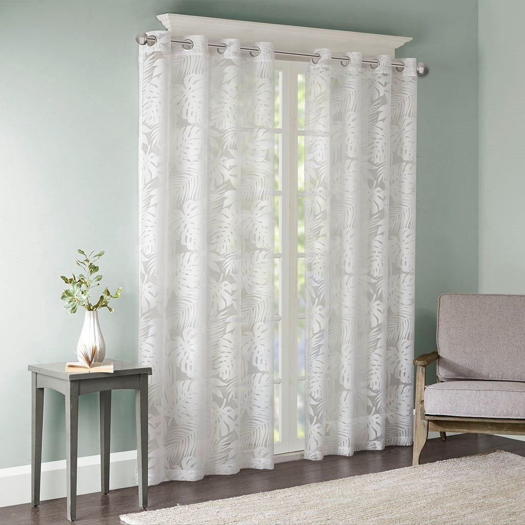 Palm Leaf Burnout Sheer Window Curtain with Grommets - White