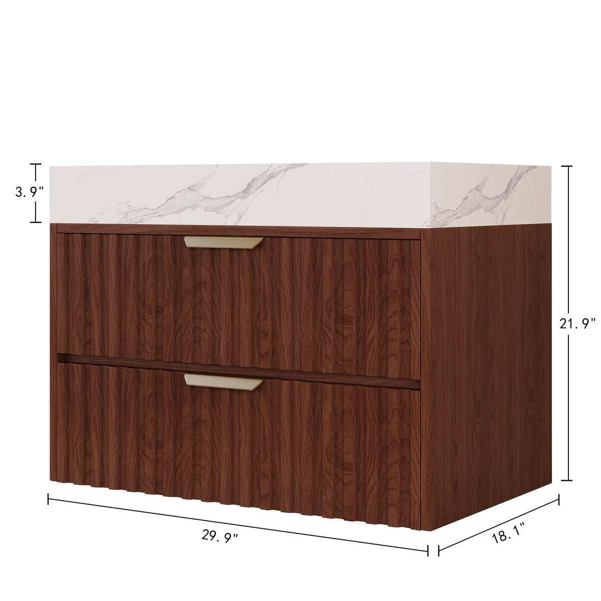 30" Modern Floating Bathroom Vanity with Seamless Sintered Stone Top - Walnut, White or Brown, Walnut