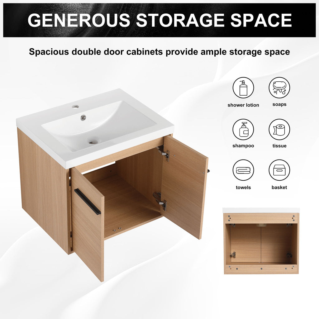 Bathroom Vanity Set with Resin Countertop Sink and 2 Doors - Light Brown Oak