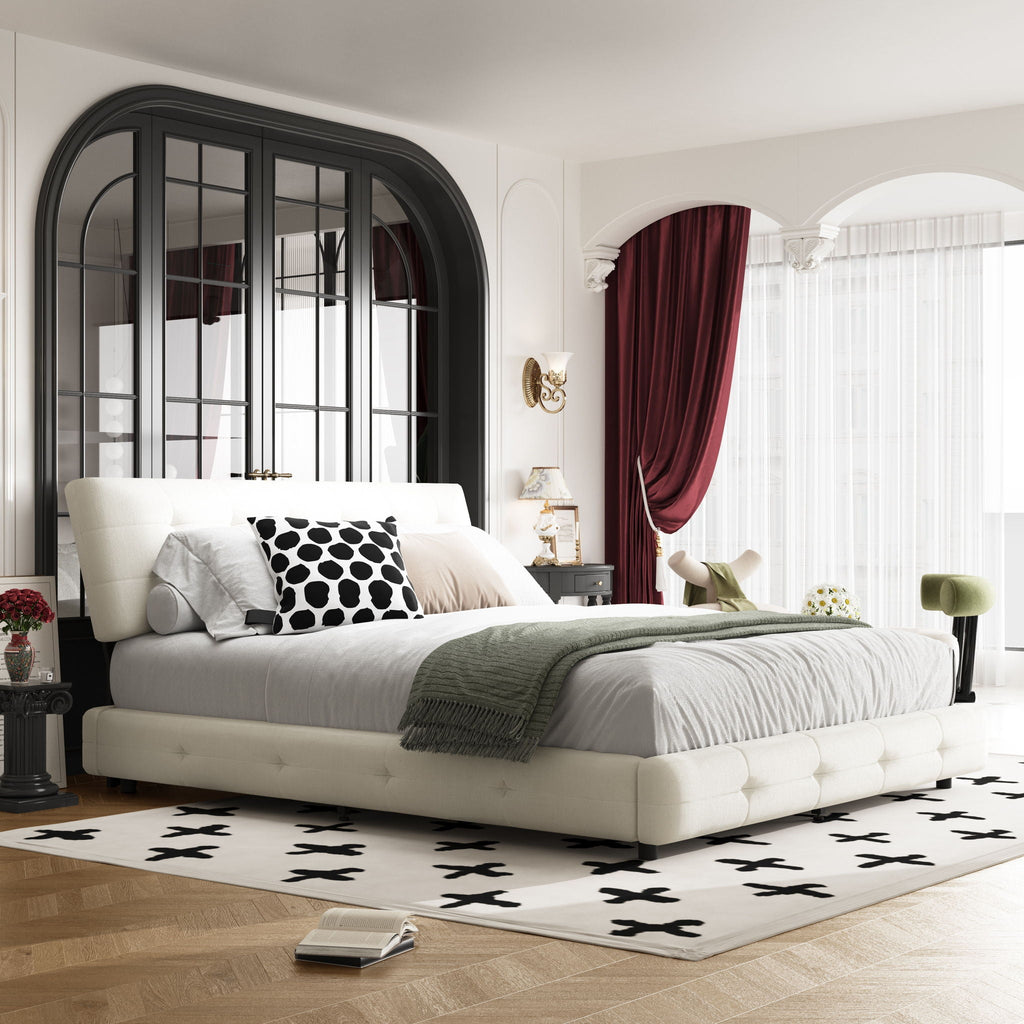 Tufted Headboard Upholstered Bed with Ultra-Soft Cloud Pillow Design - White or Black