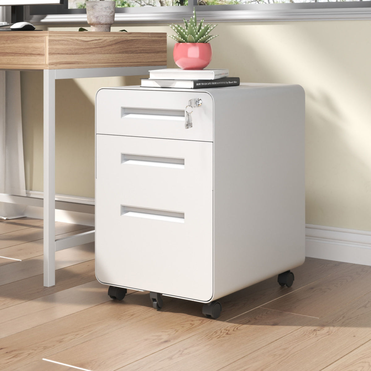 3-Drawer Mobile File Cabinet with Lock and Casters - Black or White