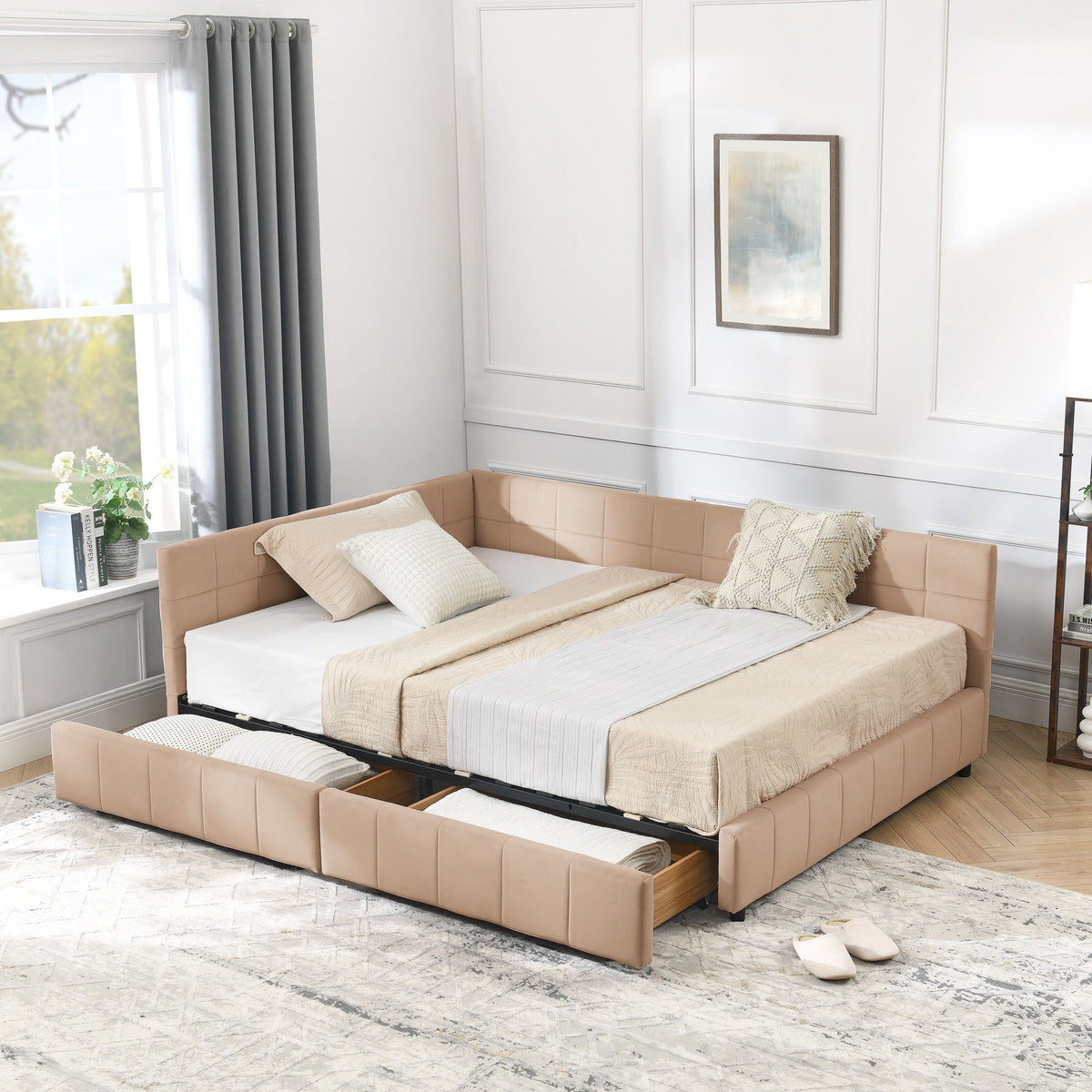 Mid-Century Storage Upholstered Tufted Bed Frame with Backrest and Armrests - Multiple Colors