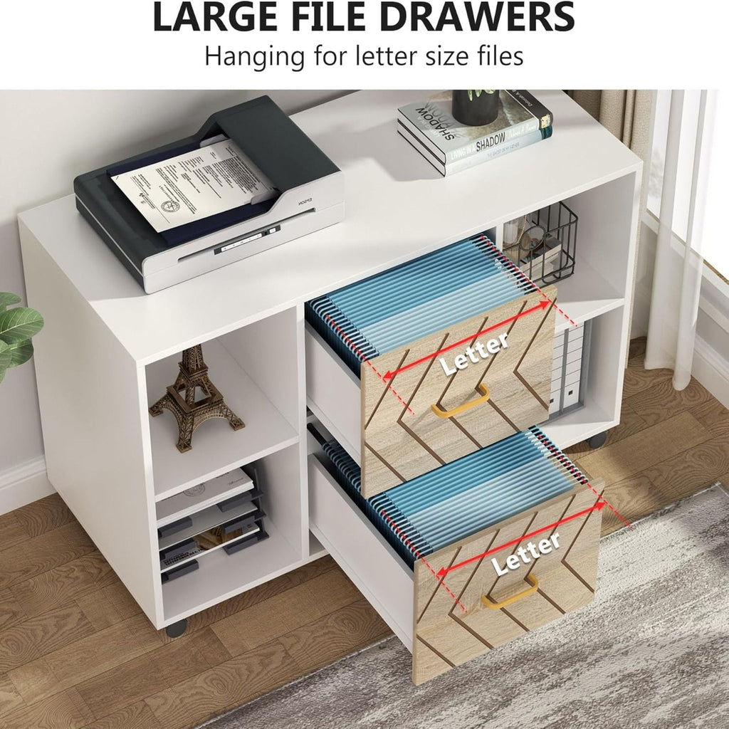 Large Mobile Lateral File Cabinet with 2 Drawers and Storage Shelves - White/Oak