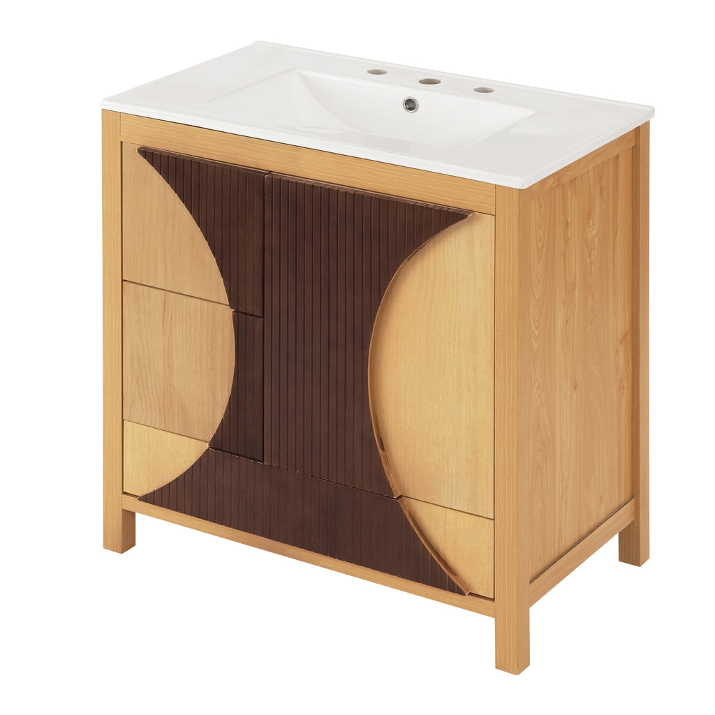 30 Inch Mid-Century Modern Bathroom Vanity with Ceramic Sink - Wood
