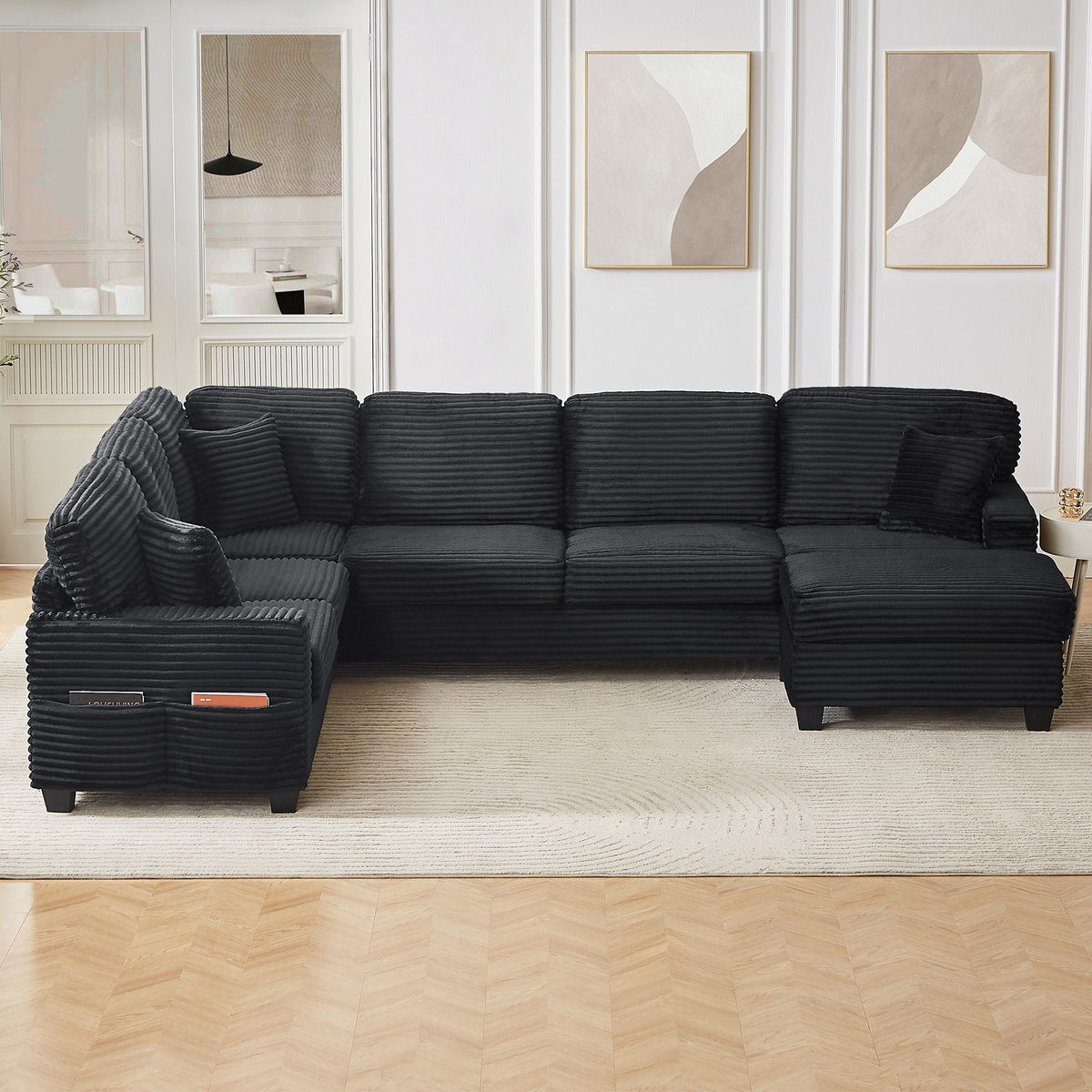 U-Shaped Upholstered Sectional Sofa with Movable Ottoman
