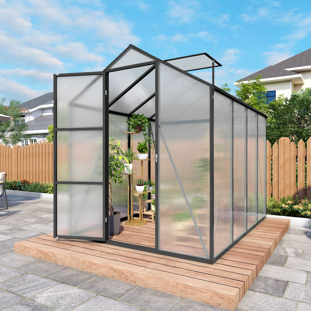 Windproof Greenhouse with Raised Base - Polycarbonate Panels - Black
