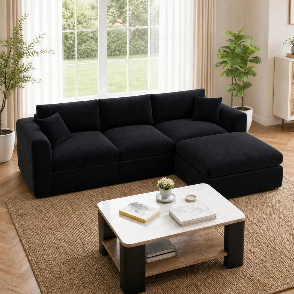Compressed Modular Sectional Sofa with Ottoman - Black Linen