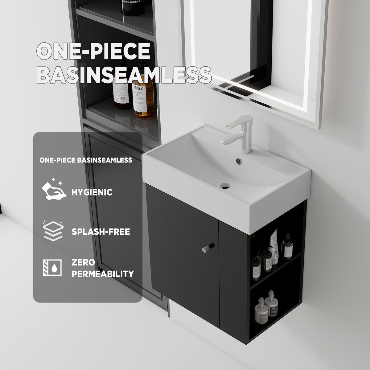 21.6 Inch Floating Bathroom Vanity with Ceramic Sink - Black, White, Oak, Brown