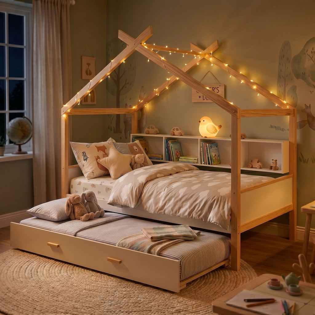 House Bed With Bookshelf Storage and Integrated Shelves - White